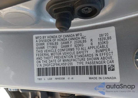 2020 Honda Civic Sport from USA, damaged, VIN 2HGFC2F84LH581255